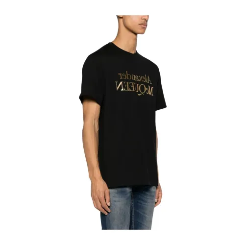 Alexander McQueen , Golden Logo Crew Neck T-shirts and Polos ,Black male, Sizes: