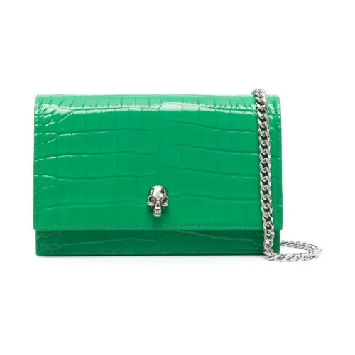 Alexander McQueen , Green Crocodile-Embossed Clutch with Skull Appliqué ,Green female, Sizes: ONE SIZE