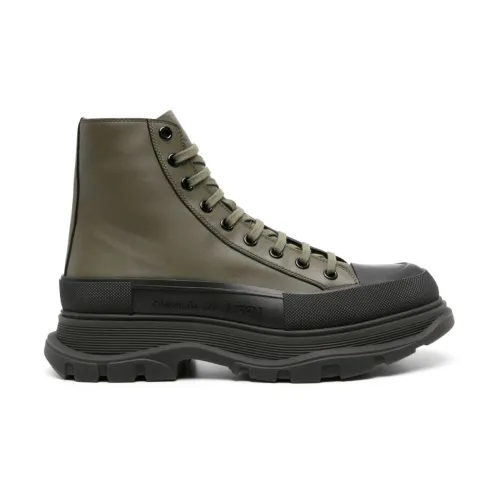 Alexander McQueen , Green Leather Ankle Boots with Contrasting Stitching ,Green male, Sizes: