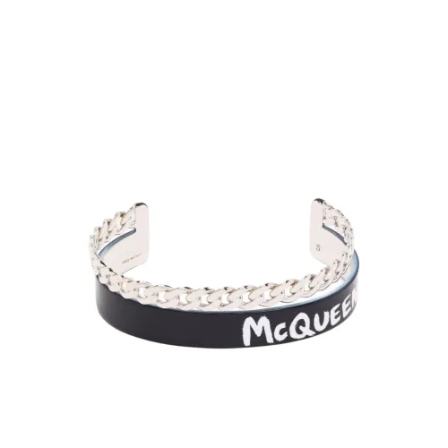 Alexander McQueen , Jet-Black/Silver Logo Print Chain Bracelet ,Black male, Sizes: S, M