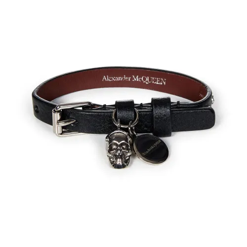 Alexander McQueen , Leather Bracelet with Metal Studs and Skull Charm ,Black male, Sizes: ONE