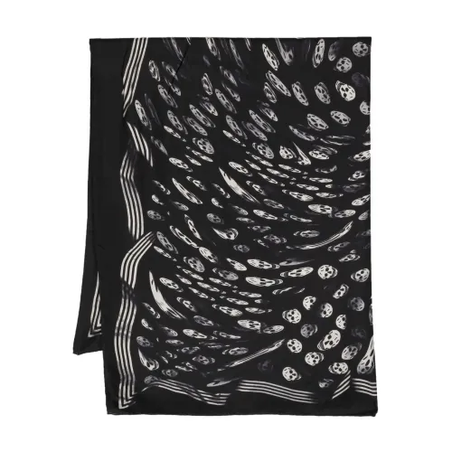 Alexander McQueen , Luxury Black Silk Skull-Print Scarf ,Black unisex, Sizes: ONE