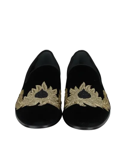 Alexander Mcqueen Mens 's Gold Embroidered Detail Black Velvet Slip On Shoes