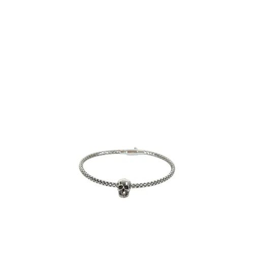 Alexander McQueen , Metallic Braided Bracelet with Skull Charm ,Gray male, Sizes: M