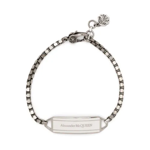 Alexander McQueen , Polished-Finish Logo Plaque Bracelet with Skull Charm ,Gray male, Sizes: ONE SIZE