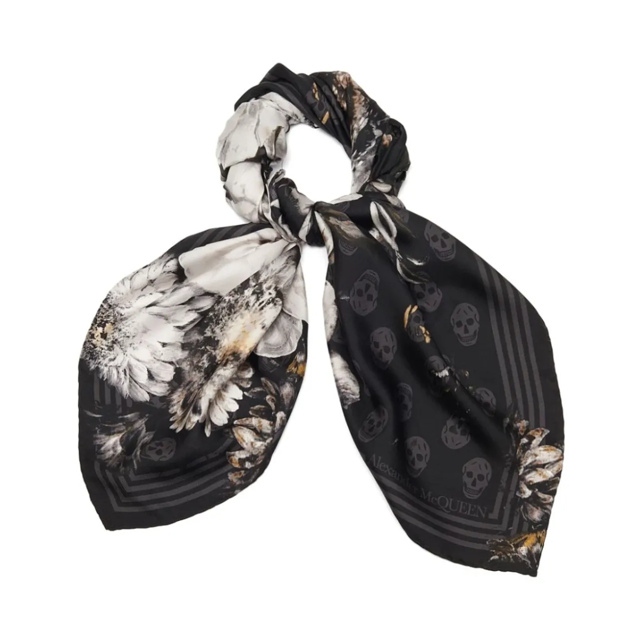 Alexander McQueen , Silk Floral Print Scarf with Skull Print Border ,Gray female, Sizes: ONE