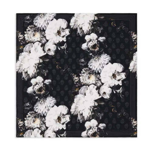 Alexander McQueen , Silk Floral Print Scarf with Skull Print Border ,Gray female, Sizes: ONE