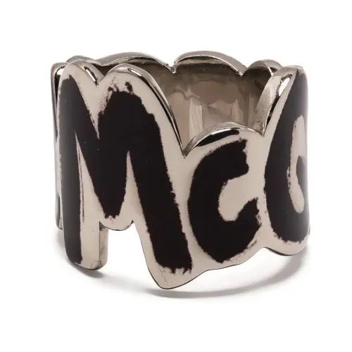 Alexander McQueen , Silver/Black Graffiti Logo Ring ,Gray male, Sizes: 58 MM