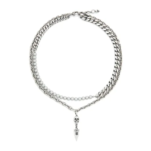 Alexander McQueen , Silver Skull Necklace with Pearls ,Gray male, Sizes: ONE SIZE
