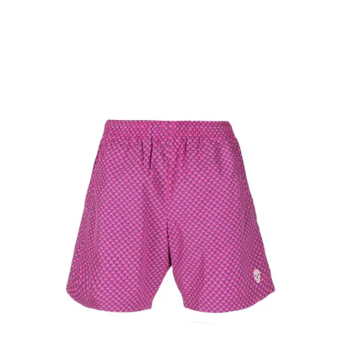 Alexander McQueen , Skull-Print Swim Shorts in Fuchsia Pink and Blue ,Pink male, Sizes: