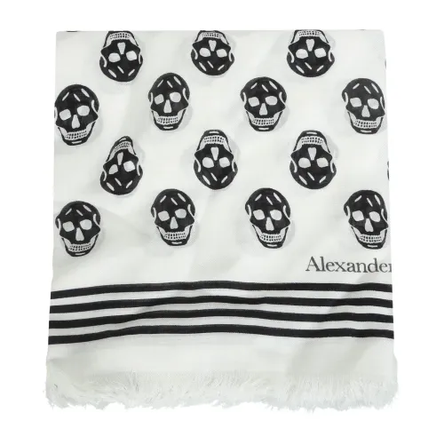 Alexander McQueen , Skull Scarf - Edgy Elegance with Fringed Border ,White female, Sizes: ONE