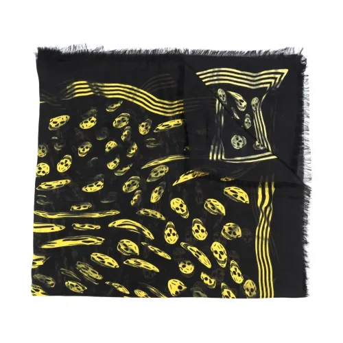 Alexander McQueen , Yellow Skull Print Modal Scarf with Striped Border ,Black male, Sizes: ONE