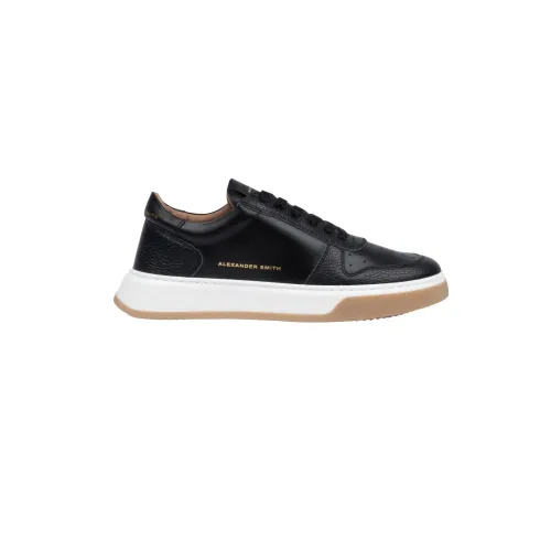Alexander Smith , Black Leather Sneakers with Gold Brand Details ,Black male, Sizes: