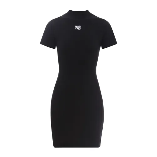Alexander Wang , Black Cotton Dress with High Collar and Short Sleeves ,Black female, Sizes: