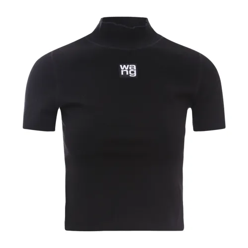 Alexander Wang , Black Cotton T-Shirt with High Collar and Logo Patch ,Black female, Sizes: