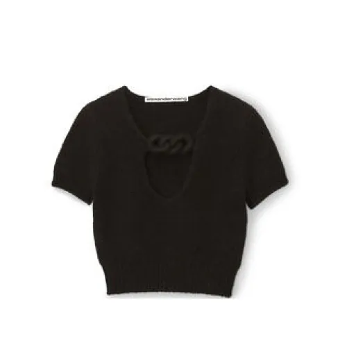 Alexander Wang , Black V-Neck Short Sleeve Tee with Crochet Chain Detail ,Black female, Sizes: