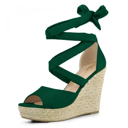 Allegra K Women's Lace Up Espadrilles Wedges Sandals Green