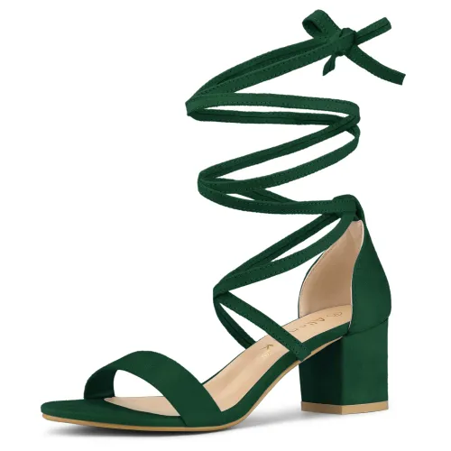 Allegra K Women's Lace Up Mid Chunky Heeled Sandals Green