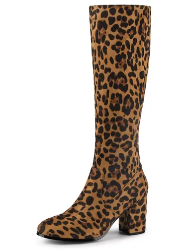 Allegra K Women's Side Zip Chunky Heel Leopard Knee High