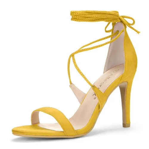 Allegra K Women's Stiletto Heel Lace-up Sandals Yellow 4