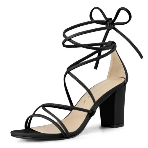 Allegra K Women's Strappy Straps Lace Up Chunky Heel