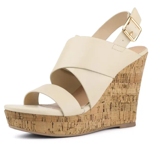 Allegra K Women's Wood Strappy Platform Wedge Sandals Beige
