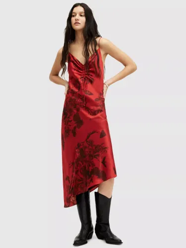 AllSaints Alexia Sanibel Midi Silk Blend Floral Dress, Rust Red - Rust Red - Female