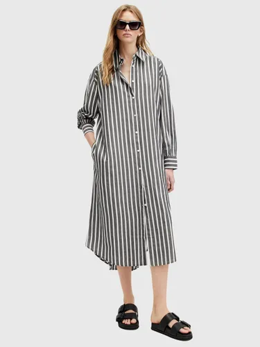 AllSaints Ani Striped Midi Shirt Dress, Black/Chalk - Black/Chalk - Female