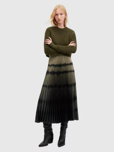 AllSaints Curtis Ombre Pleated Skirt 2-in-1 Midi Dress - Khaki - Female