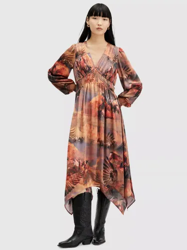 AllSaints Estelle Colca Abstract Print Hanky Hem Midi Dress, Canyon Purple/Multi - Canyon Purple/Multi - Female