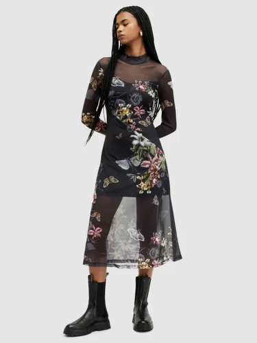 AllSaints Hanna Sanibel Print Funnel Neck Midi Dress, Black - Black - Female