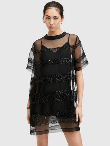 AllSaints Izabela Embellished Mesh Mini Dress, Black - Black - Female