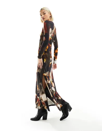 AllSaints Katlyn Mars long sleeve printed maxi dress in rust brown