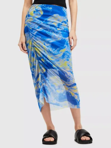 AllSaints Nora Abstract Print Sheer Midi Skirt, Electric Blue/Multi - Electric Blue/Multi - Female