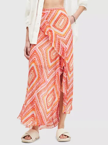 AllSaints Sara Luisa Asymmetric Wrap Maxi Skirt, Blood Orange/Multi - Blood Orange/Multi - Female