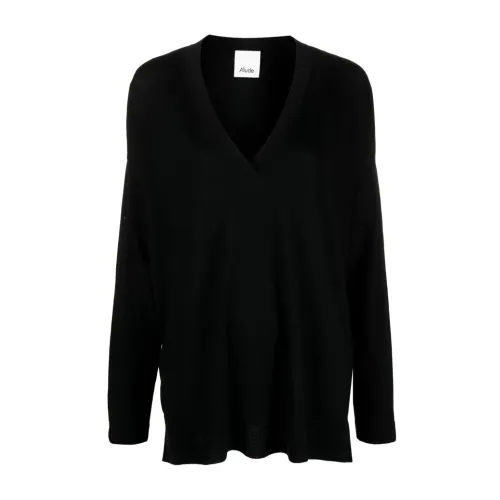 Allude , Flat Knit V-Sweater 16Gg ,Black female, Sizes: