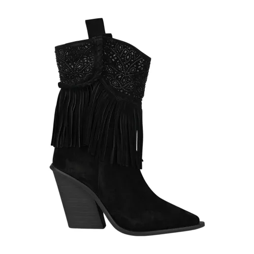 Alma EN Pena , Fringed Leather Ankle Boots ,Black female, Sizes: