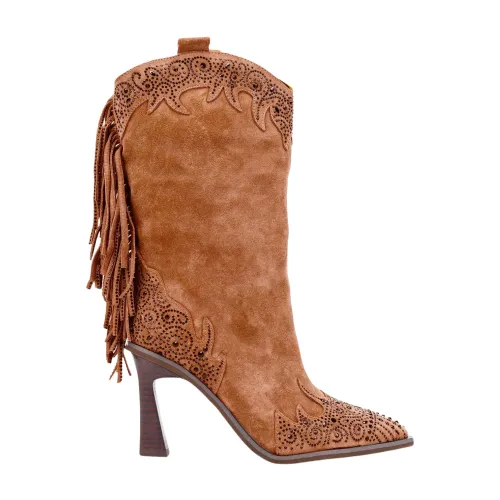 Alma EN Pena , Fringed Leather Ankle Boots ,Brown female, Sizes: