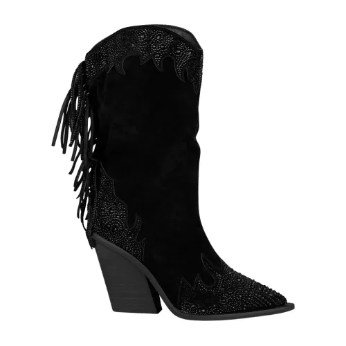 Alma EN Pena , Fringed Rhinestone Leather Ankle Boots ,Black female, Sizes:
