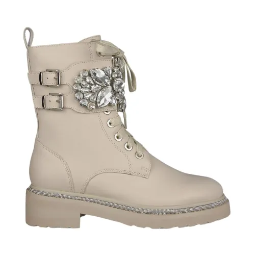 Alma EN Pena , Lace-up Leather Ankle Boots with Rhinestones ,White female, Sizes: