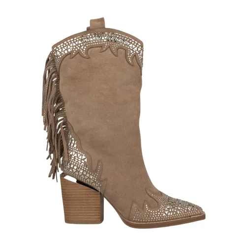 Alma EN Pena , Leather Fringed Boots ,Beige female, Sizes: