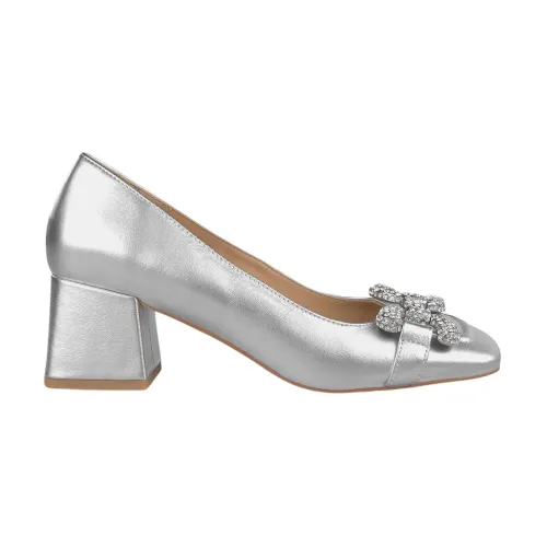 Alma EN Pena , Leather pumps with embellished square toe ,Gray female, Sizes: