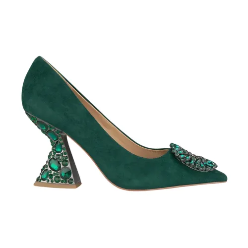 Alma EN Pena , Pointed Toe Leather Pumps with Embellished Brooch ,Green female, Sizes: