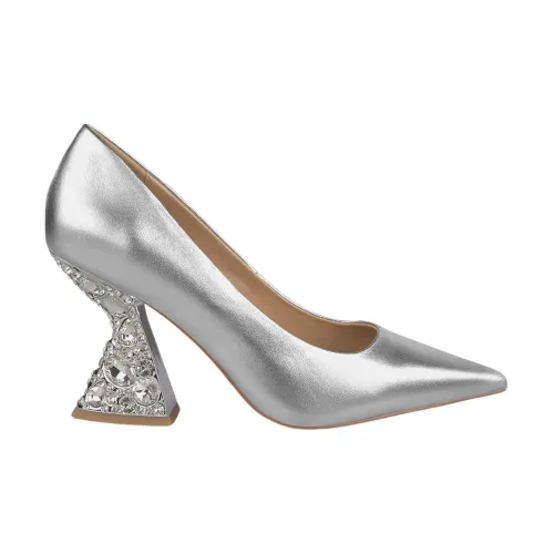 Alma EN Pena , Pointed Toe Leather Pumps with Embellished Heel ,Gray female, Sizes:
