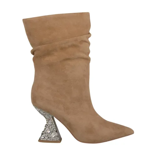 Alma EN Pena , Rhinestone Heel Leather Ankle Boots ,Brown female, Sizes: