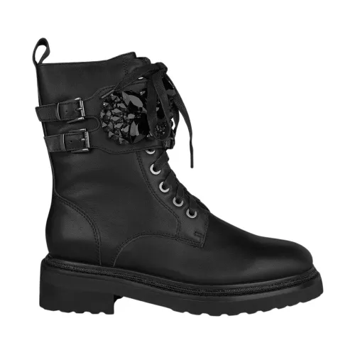 Alma EN Pena , Rhinestone Lace-Up Leather Ankle Boots ,Black female, Sizes: