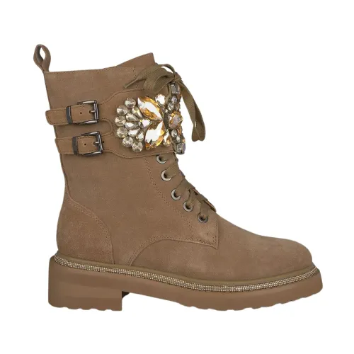 Alma EN Pena , Rhinestone Leather Lace-up Ankle Boots ,Brown female, Sizes: