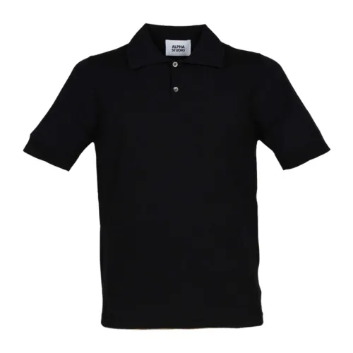 Alpha Studio , Black Crepe Cotton Polo Shirt ,Black male, Sizes: