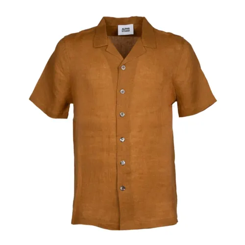 Alpha Studio , Camel Linen Bowling Shirt ,Brown male, Sizes: