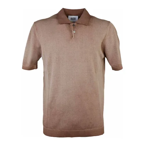 Alpha Studio , Short Sleeve Cotton Polo in Henne ,Brown male, Sizes: